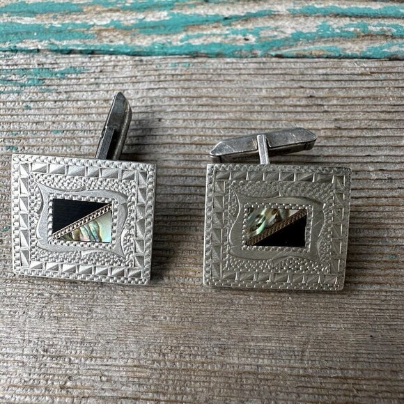 VTG Art Deco Cufflinks 0.75" Inlaid Abalone Shell Black Onyx 925‎ Sterling 21.1g - Picture 5 of 8